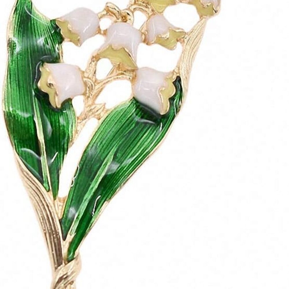 Alloy Enamel White Floral Leaf Brooch Lily Of The Valley Gold Brooch Pin